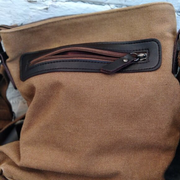 BROWN CANVAS CROSSBODY SMALL HANDBAG 6 POCKETS LINED - Picture 4 of 7